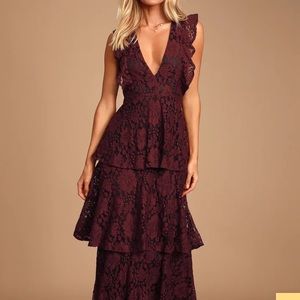 Molinetto Burgundy Lace Ruffled Tiered Sleeveless Maxi Dress